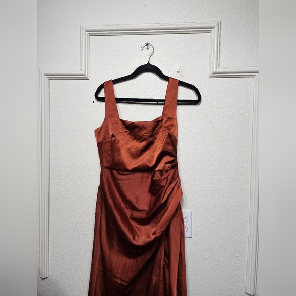 Lulu's Red Carpet Romance Rust Orange Satin Square Neck Maxi Dress L Party - Picture 6 of 12
